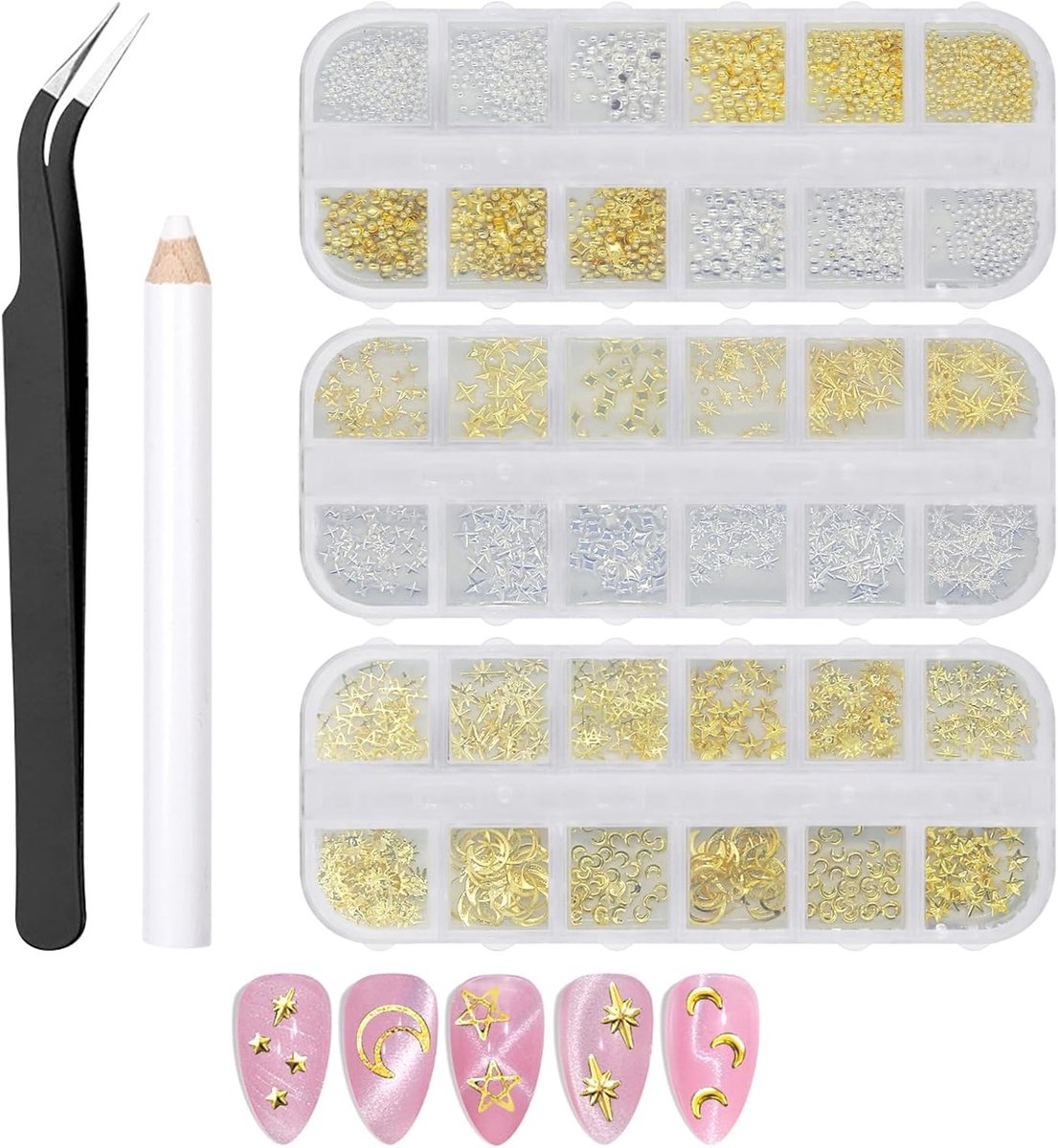 2500 Stuks Gouden Nagelversieringen met Sterren, Maan en Parels - Manicure Accessoires met Pincet en Ophaalpunt voor Stralende Nagels