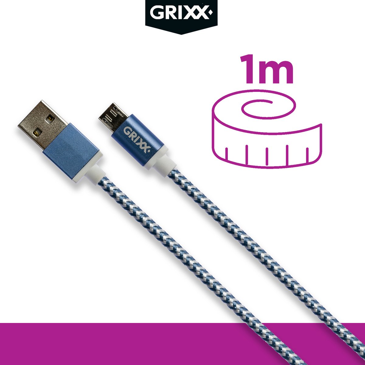 Grixx Micro USB Kabel 1 meter – USB-A naar Micro USB – Nylon Gevlochten - Blauw/Wit