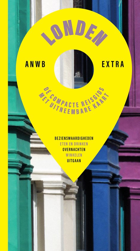 Guide de voyage jaune ANWB Extra Londres avec le texte 'Londen' et 'Le guide de voyage compact avec carte détachable'.