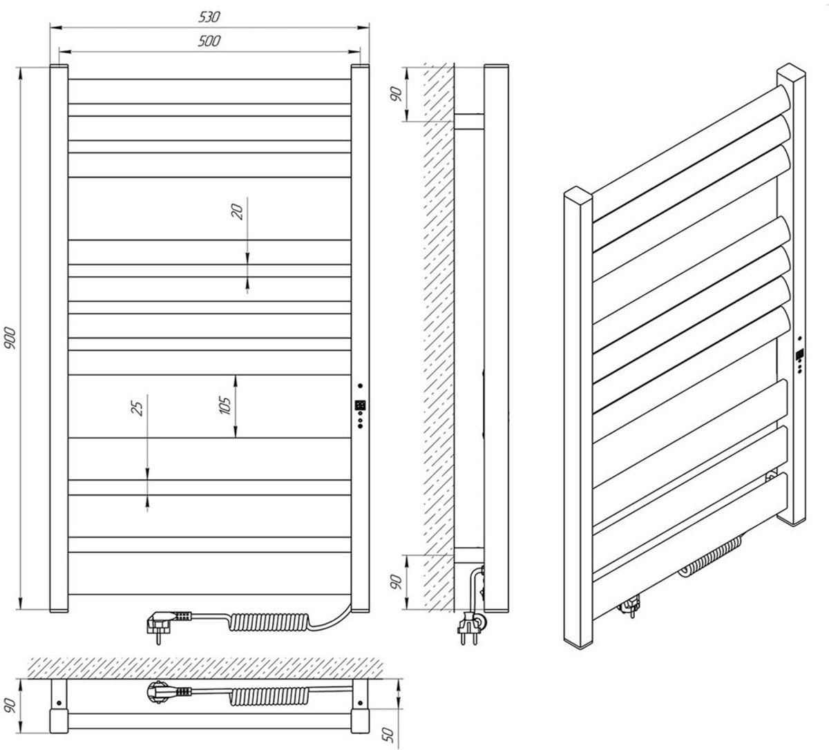 Elektrische handdoekradiator LAVINA 500x900 met ECO-timer, 280W, Wit