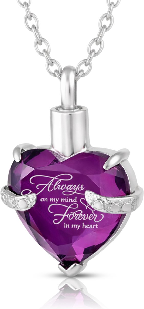 Akerz Mini urn ketting hart Paars – As hanger – Herinneringssieraad – Always in my heart – RVS