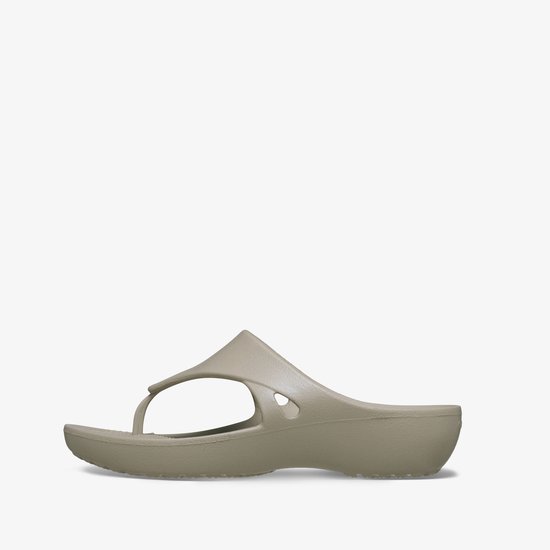 Beige Crocs Kadee Wedge dames teenslipper, zijaanzicht.