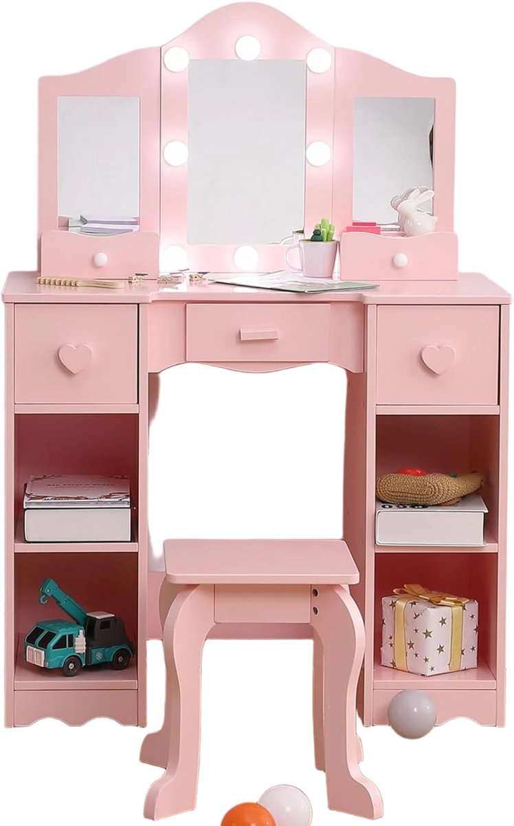 Happiq Kinderkaptafel met Drievoudige Spiegel - Met Open Opbergplanken - Roze Pink