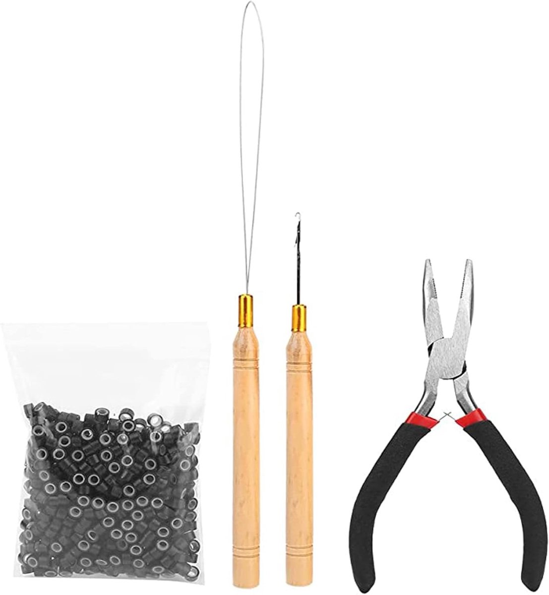 Complete Micro Ring Haarverlenging Kit met 500 Zwarte Siliconen Ringen, Haak en Accessoires voor Haarstyling