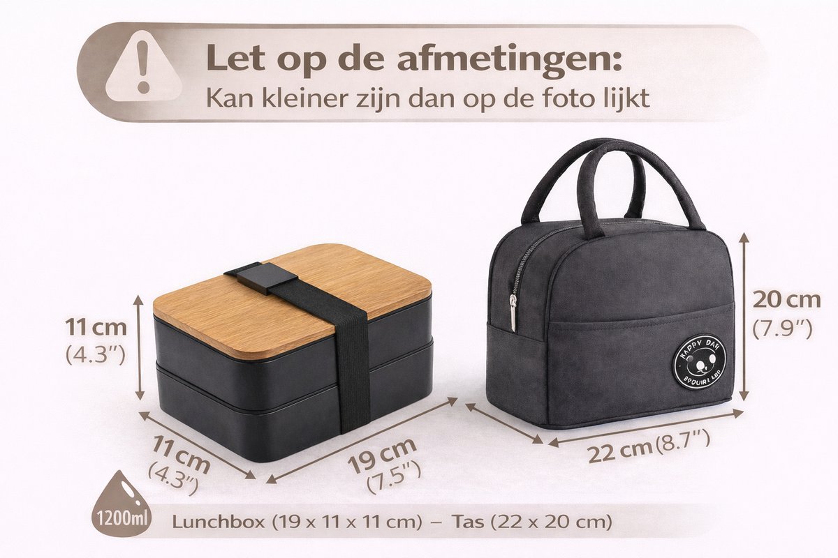 Lunchbox Set met Tas – 2 Laags Lunchbox (1200 ml) met Bamboe Deksel & Bestek – Inclusief Geïsoleerde Draagtas – Zwart — cadeau in Koken & Dineren - foto 7