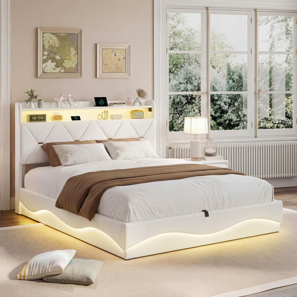 Gestoffeerd bed 140x200cm met LED-verlichting, 2 USB en 1 Type-C poort, gestoffeerd bed, slaapkamer tweepersoonsbed met lattenbodem, fluweel, beige, zonder matras