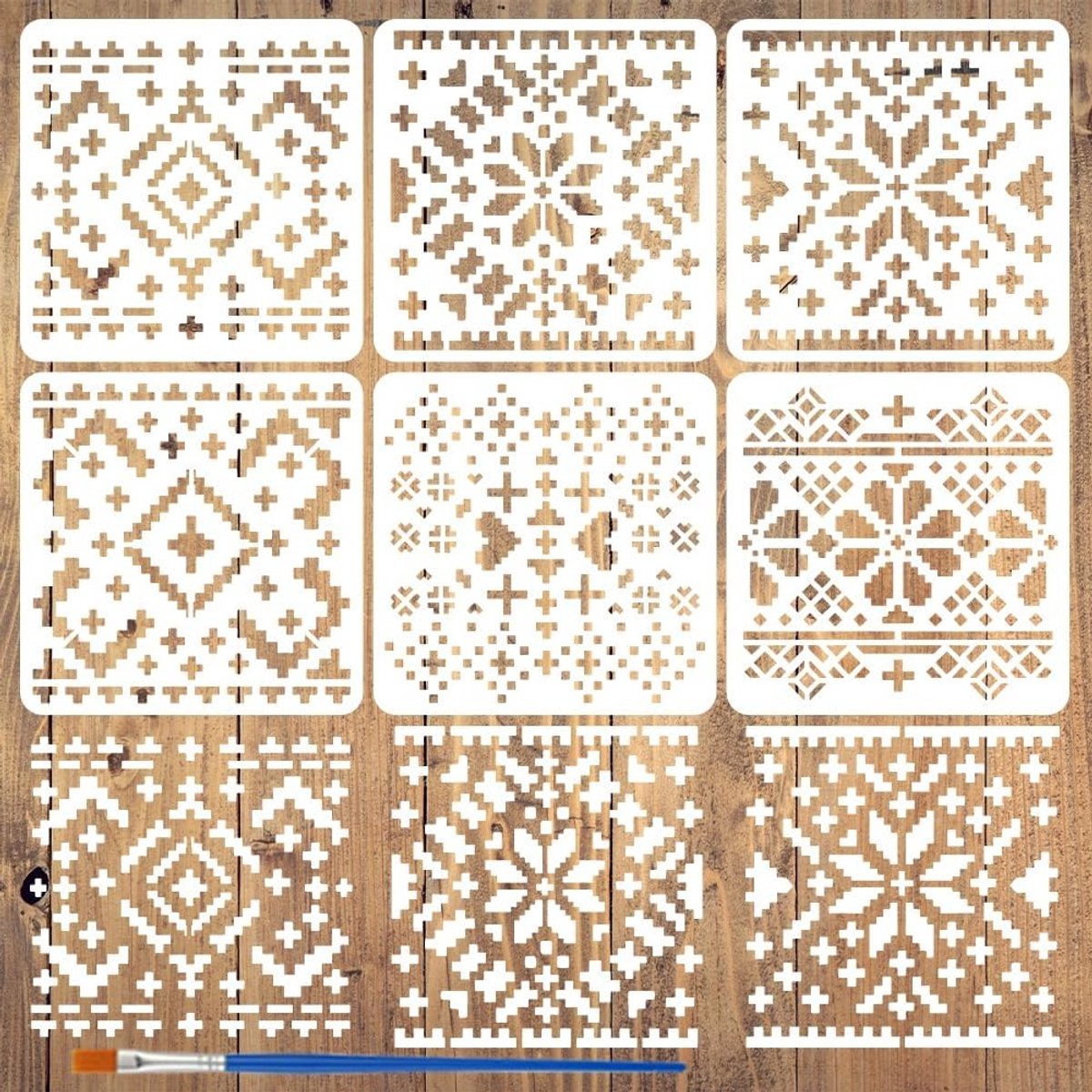 6 Stuks Pixel Geometrische Schildertemplate met Kwast, 6 x 6 Stijlen, Patronen voor Hout, Muur en Stof Decoratie