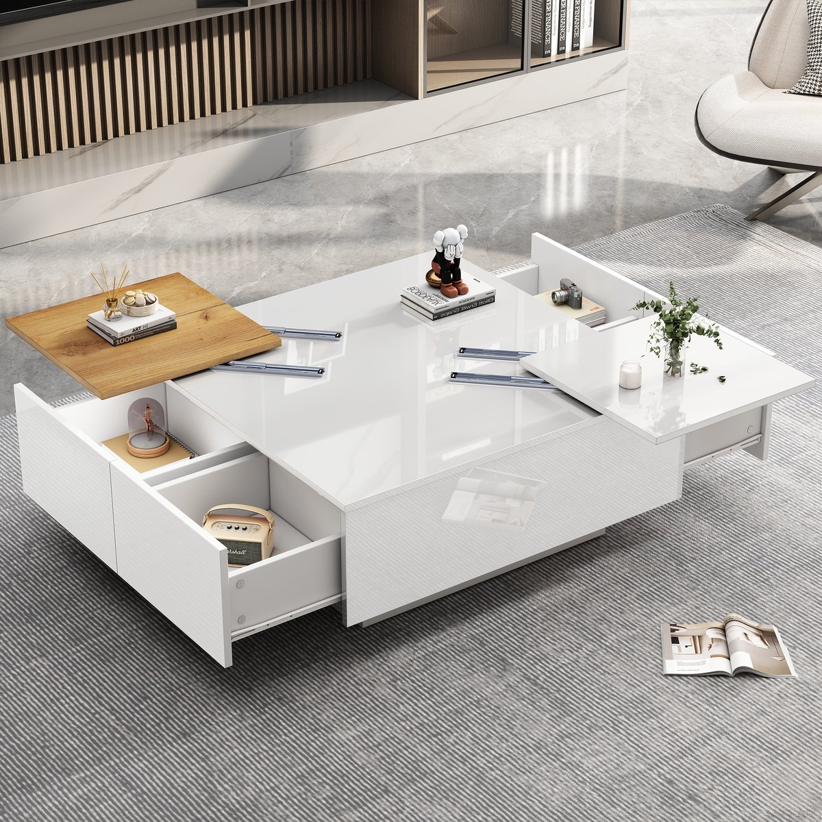MODENUIT Salontafel - Hoogglans Met Lades En Verschuifbare Bladen - Voor Woonkamer - Spaanplaat Wit - 75x75x33,5 cm