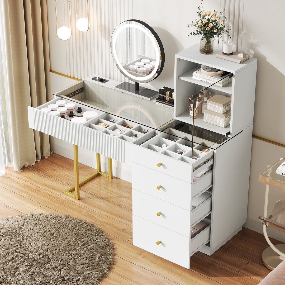 MODENUIT Kaptafel - LED-Spiegel Met 3 Lichtkleuren En 5 Lades - Voor Slaapkamer - Wit MDF En Glas - 120x40x120 Cm