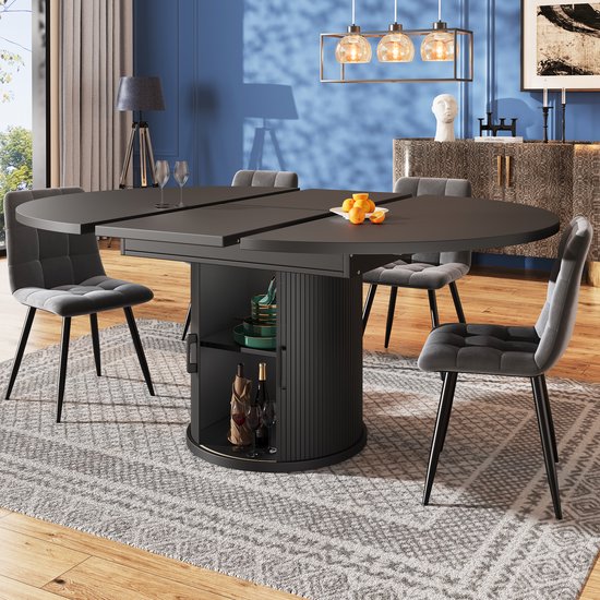 MODENUIT Eettafel - Uitschuifbaar Van Rond Naar Ovaal Met Opbergruimte - Voor Keuken En Balkon - Zwart - 118-158 cm