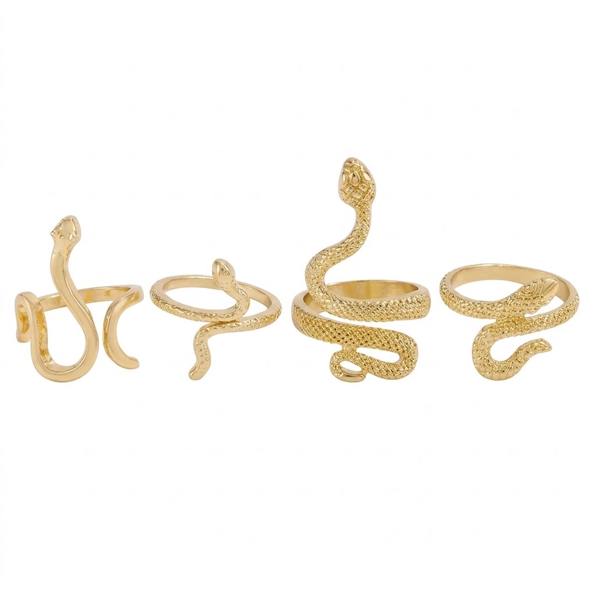Goudkleurige slang ring set voor dames met verstelbaar open ontwerp en reliëf structuur – decoratieve ringen met kronkelende vorm – metalen ringen set met dieren vorm – sieraden accessoires
