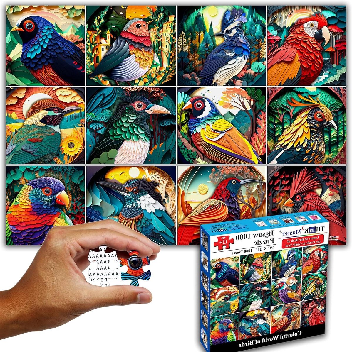 Legpuzzel Vogels - Puzzel 1000 stukjes - Ontspannen tijdverdrijf - Papier gesneden stijl - 68 x 48 cm - Kleurrijk