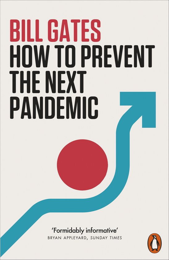 Boek "How to Prevent the Next Pandemic" van Bill Gates met rode en blauwe grafische elementen.