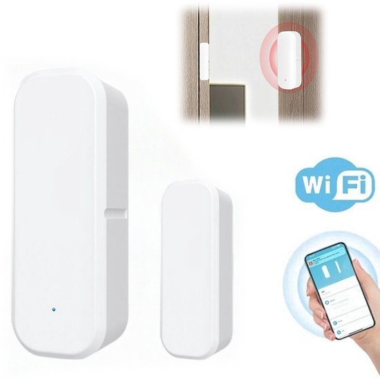 DeurAlarm - Deur Sensor - Slimme Deursensor met App - Wifi Deuralarm voor Huis Beveiliging - Draadloos Magneetcontact voor Raam en Deur - Compatibel met Google Assistant & Alexa - 2.4GHz （Batterijen niet inbegrepen）
