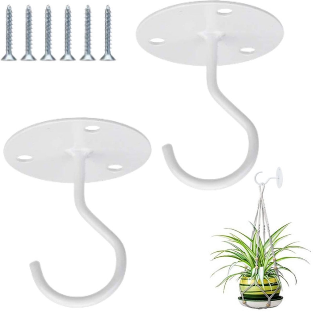 2 stuks - plafondhaken - Ophanghaken - Kledinghaken - Muurhaak voor planten- Badkamerhaak - Keukenhaak - Ophanghaak - Wit - 65×65×75 mm - voor het ophangen van lampen, plantenmanden, voederbakken voor vogels, windgongen en klamboes
