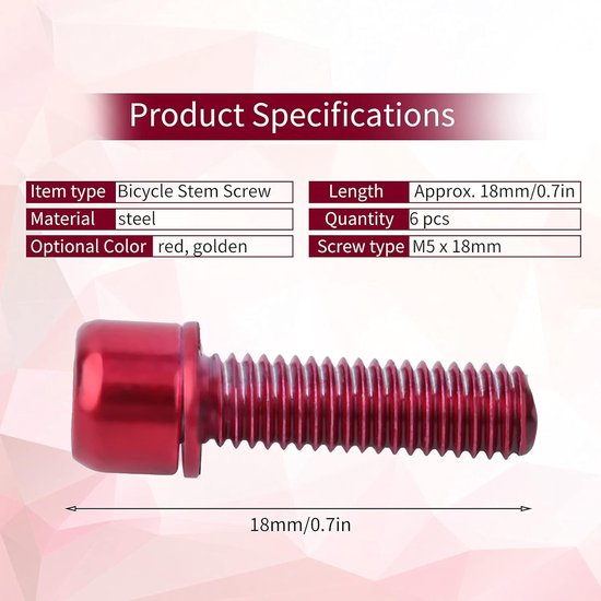 Stem Bolts - M5x18mm - Alloy Bicycle Stem Screw - Hex Screw - Stem Parts voor Fietsen - Rood — afbeelding 2