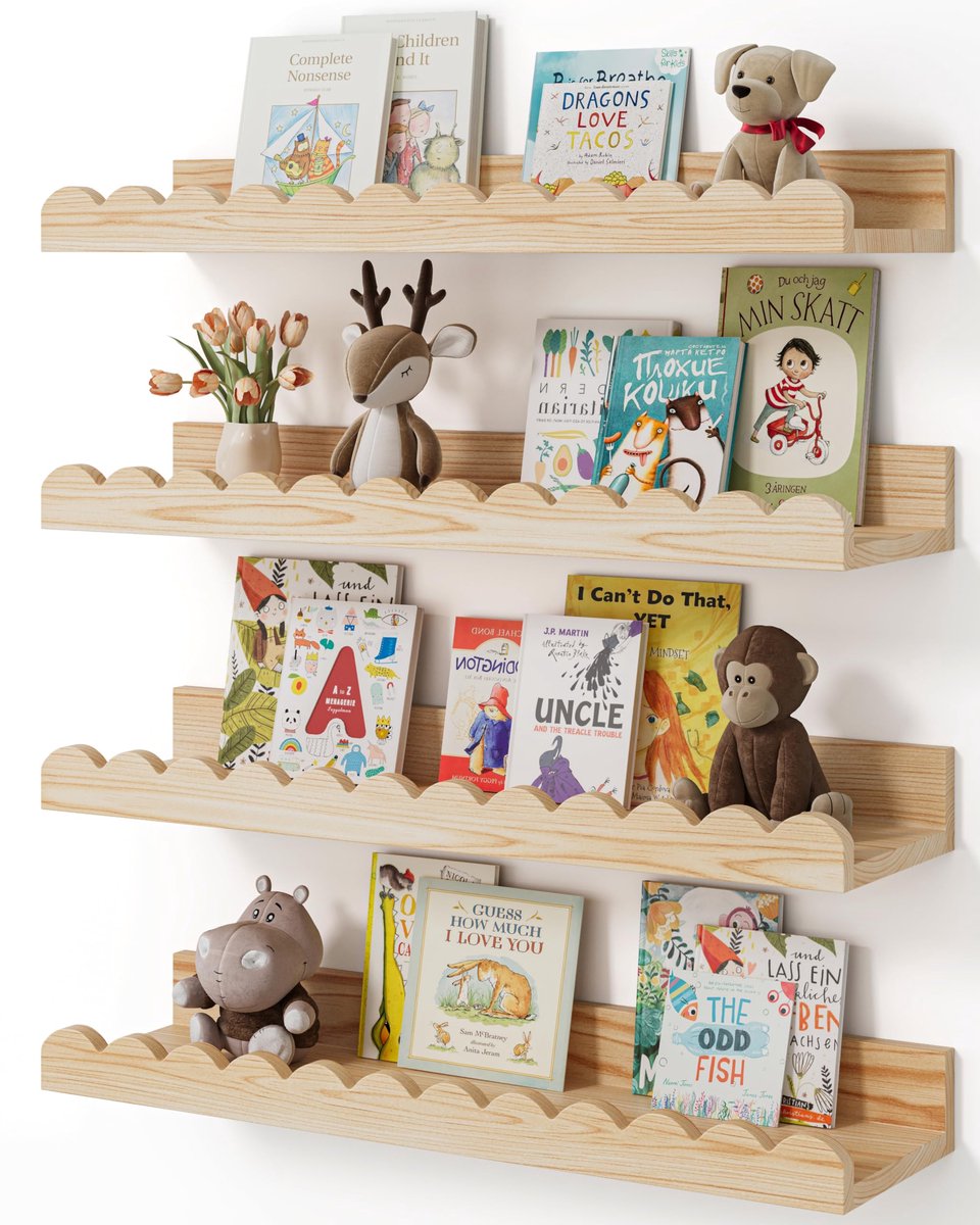Zwevende planken 4 stuks - Houten boekenplanken voor kinderkamer - Golvende rand wandplanken - Boekenplanken voor slaapkamer, babykamer en kinderkamer - 42 cm - hout