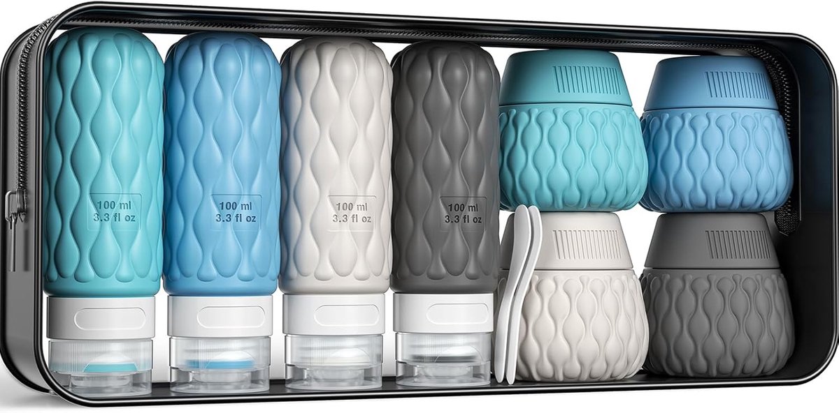 Reisflesjes Set - Navulbare Flesjes - Voor Shampoo en Lotion - Siliconen - Set van 8 - 100ml/ 50ml - Blue grijs - van Imperatoris