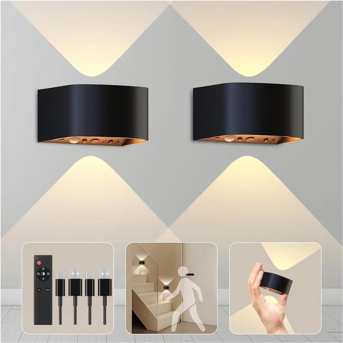 Emvae Oplaadbare Wandlamp - Bewegingssensor - Draadloze Wandlamp Binnen met Afstandsbediening - 2 Stuks - Zwart