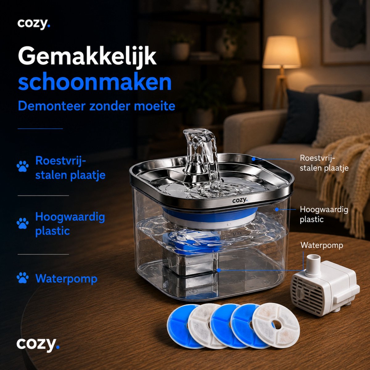 cozy.® Drinkfontein Kat Pro 2026 - Waterfontein Kat 2.0L - Kattenfontein - Waterbak Kat - Waterdispenser Kat - Muisstil & Automatisch - Inclusief Filter & Temp. Controle - Anti knoei Drinkbak thumbnail 7