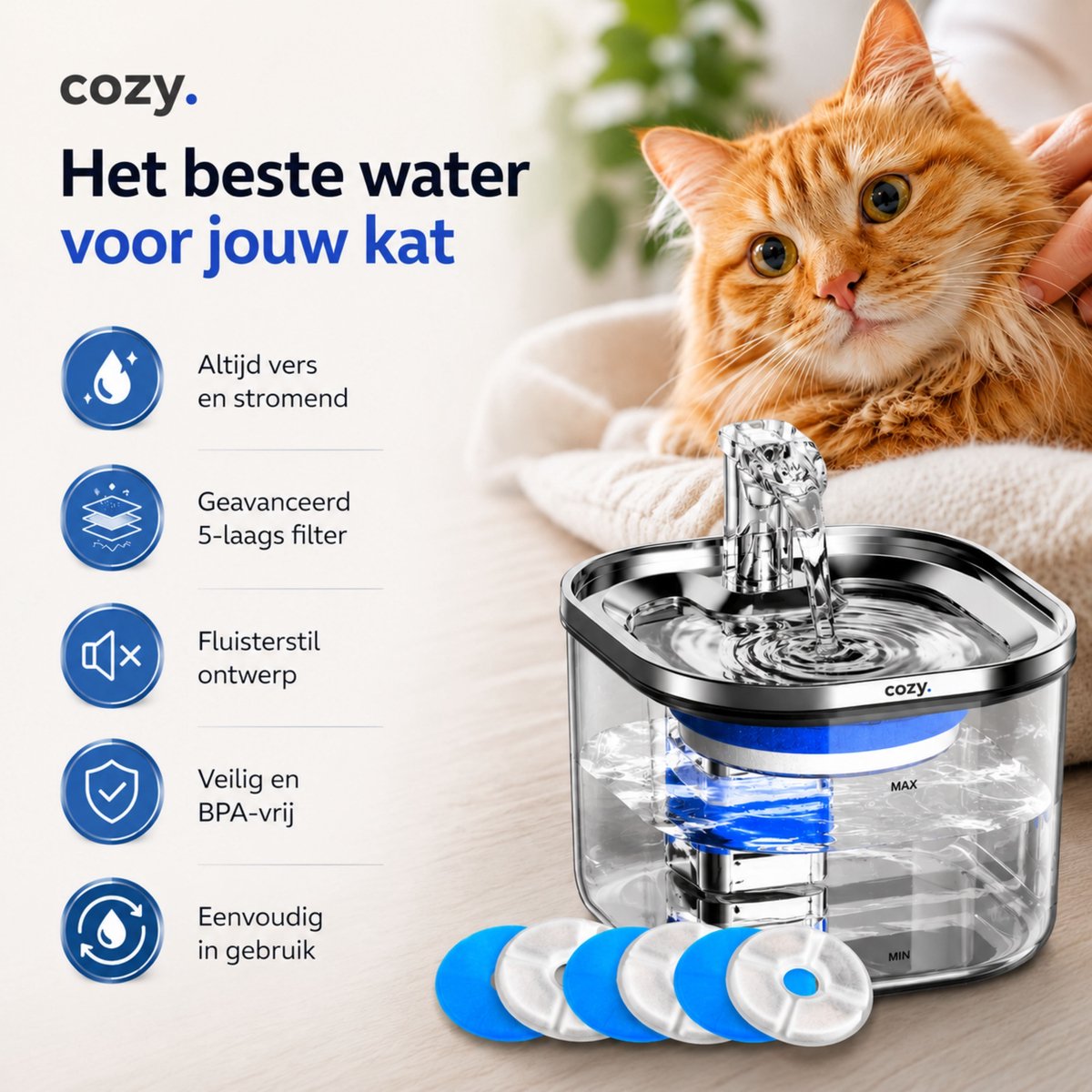 cozy.® Drinkfontein Kat Pro 2026 - Waterfontein Kat 2.0L - Kattenfontein - Waterbak Kat - Waterdispenser Kat - Muisstil & Automatisch - Inclusief Filter & Temp. Controle - Anti knoei Drinkbak thumbnail 3