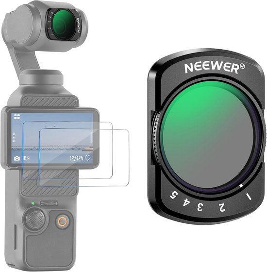 Kraftverdia® Variabel ND-filter, compatibel met DJI Osmo Pocket 4 & 3, magnetisch verstelbaar ND2-32 (1-5 stops), incl. 2 LCD-schermbeschermers, actiecamera-accessoire FL-50