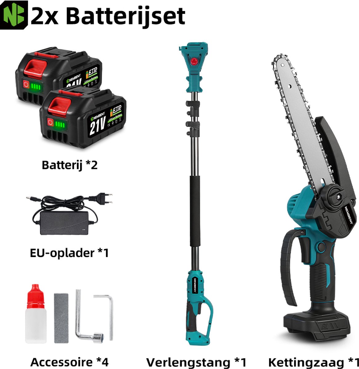 NewBeny Kettingzaag + Telescopische Steel - 6 Inch Kettingzaag - Telescoopsteel Accu-Hoogsnoeier - 1 m tot 2 m - met 2 Accu's - voor Baum- und Heckenschneiden thumbnail 3