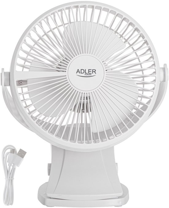 Oplaadbare bureauventilator met klem 15,5 cm, 360° draaibaar, USB-C, stil, wit – Adler AD 7342