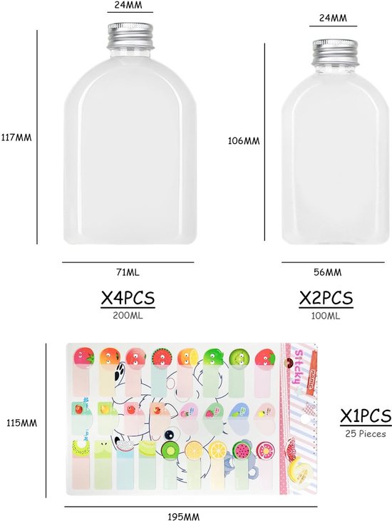 VT Goods - Set van 6 Transparante Sapflessen - Lege Drinkflessen voor Vloeistoffen - 100 ml en 200 ml - Ideaal voor Feestjes - Duurzaam en Lichtgewi.. van vt — afbeelding 4