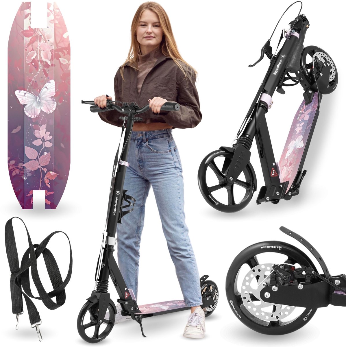 HyperMotion Skyline Step voor Volwassenen en Kinderen – Opvouwbare Aluminium Step met Schokdempers, Handrem en Grote Wielen