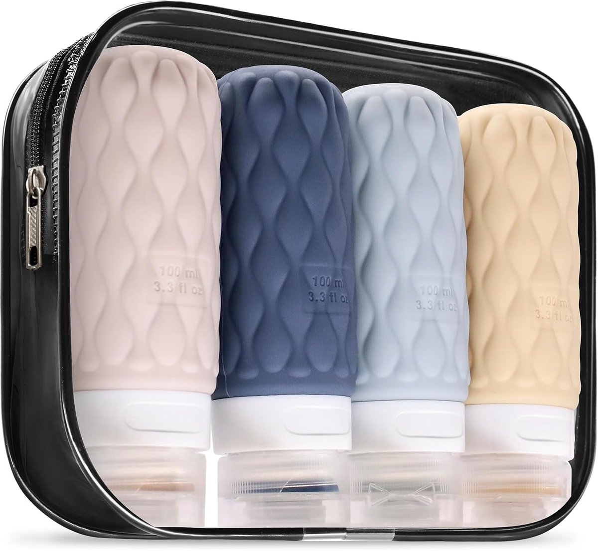 Reisflesjes Set - Navulbare Flesjes - Voor Shampoo en Lotion - Siliconen - Set van 4 - 100ml - Beige-Lichtkak-Blauw - van Imperatoris
