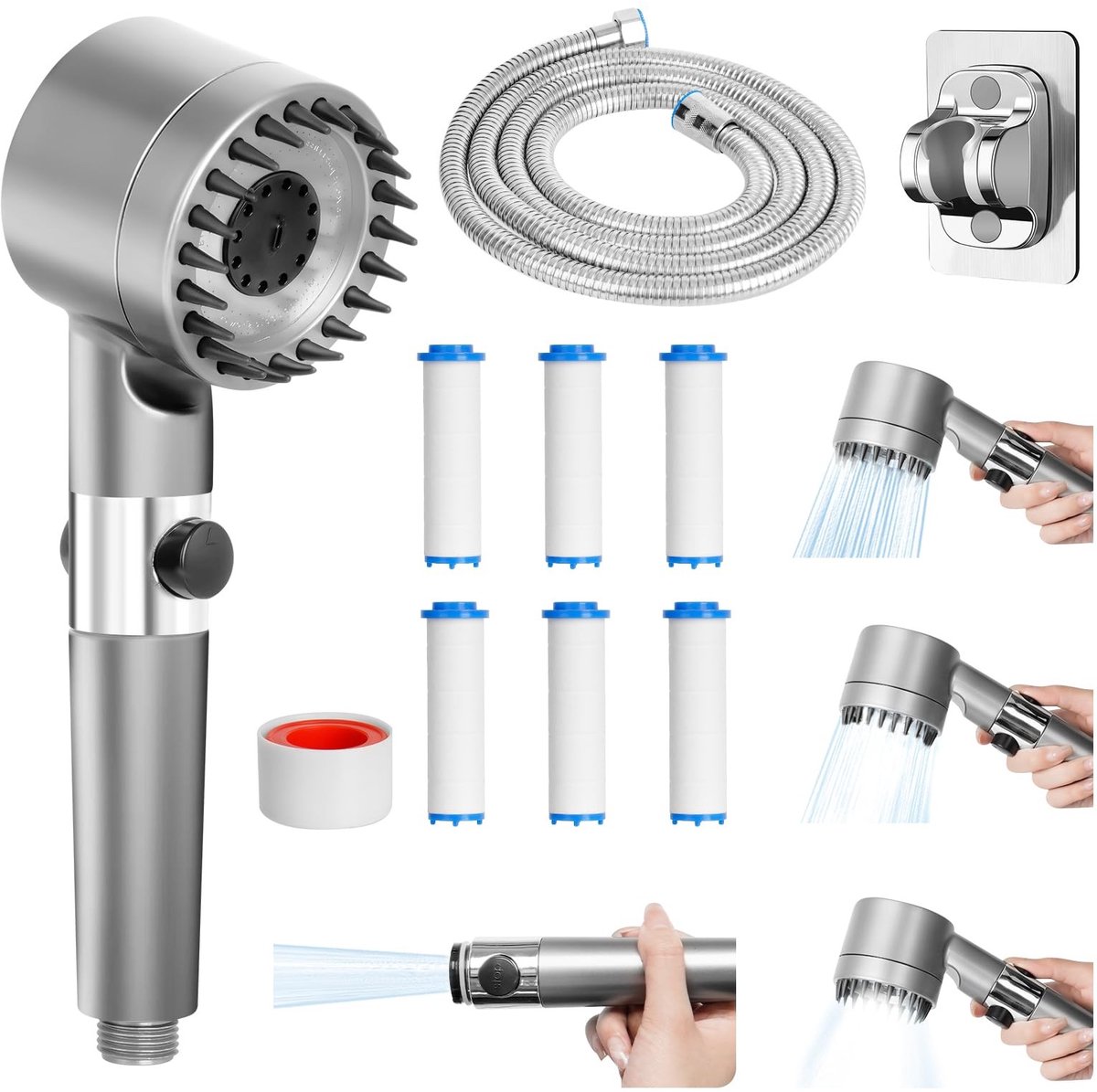 Jhubersproducts - Handdouche met Filter - Hoge Druk Douchekop - Waterbesparend met Stopfunctie - 2 Meter Slang - 4 Stralen Douchekop - Geschikt voor T