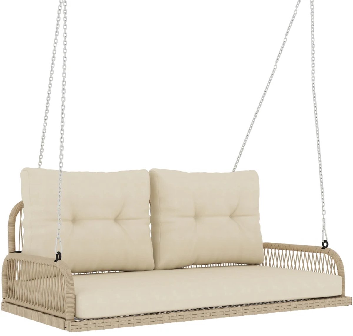 Hollywood Schommel - Rotan Schommelbank met Kussens & Kettingen - 2-zits Tuinbank - Tuinschommel 2 Personen - tot 240 kg - Schommelstoel - Tuinmeubelen - voor Tuin, Terras, Balkon - Beige