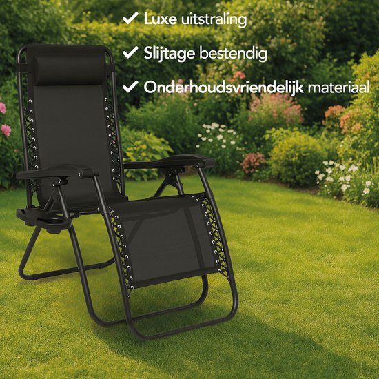 Brixy Opvouwbare Tuinstoelen set van 2 - Ligstoelen - Opvouwbaar - Verstelbaar - Ergonomisch Hoofdkussen - Metaal - Textileen - Zwart van Brixy — afbeelding 3