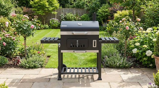 Houtskool BBQ Grillwagen XXL - Staande Barbecue met Deksel & Thermometer, In Hoogte Verstelbare Kolenbak, Warmhoudrooster, Ventilatie & Zijtafels - House&Garden Pro Smoke Station XXL - 153x73x137 cm (Grijs) — afbeelding 4