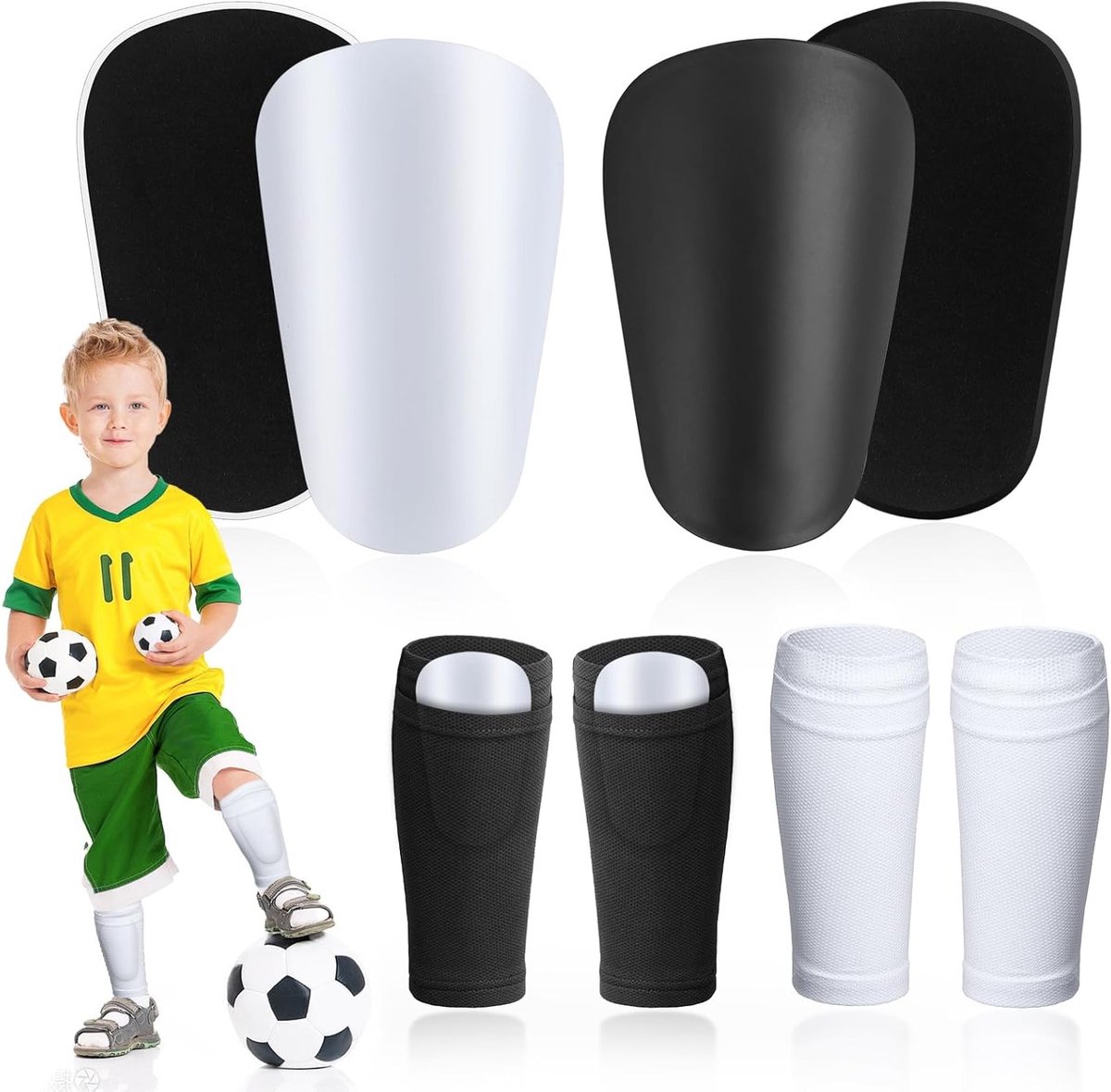 Mini Scheenbeschermers voor Kinderen met Voetbalsokken - 2 Paar, Ideaal voor Jongens en Meisjes, 10 x 6 cm en 12 x 8 cm, Perfect voor Sport en Spel