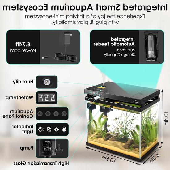 5-in-1 Mini Aquarium Starter Set met LED Verlichting, Automatische Voeding en Zelfreinigende Pomp, 8.6L Nano Aquarium Compleet met Aromatherapie en Onderhoudsvriendelijk Ontwerp — afbeelding 3