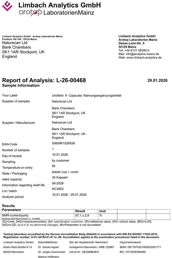 Document met de titel 'Report of Analysis L-26-00468' voor Urolithin A Capsules.