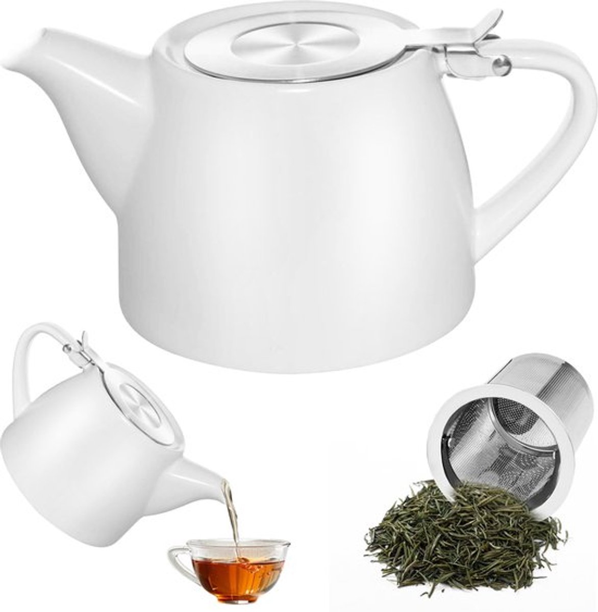 Keramische theepot, 500 ml porseleinen theepot, theepot met theezeef, keramische stompe theepot, vaatwasserbestendig, ronde handgreep, voor losse thee of theezakjes, wit