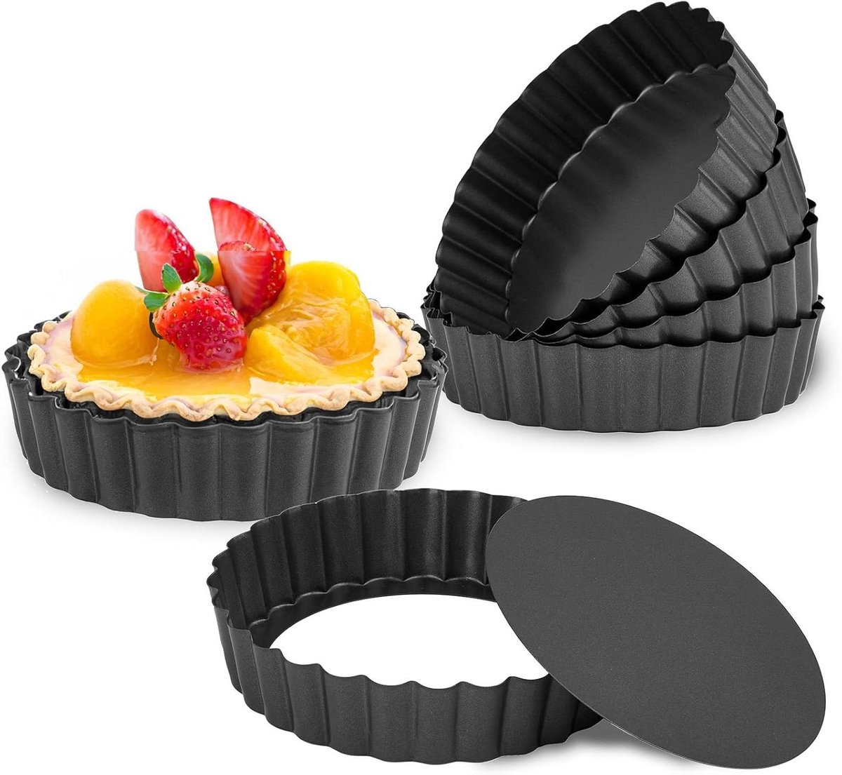 Mini taartpannen - Quiche vormpjes - Zelf taartjes bakken - Verwijderbare bodem - Set van 6 - Zwart
