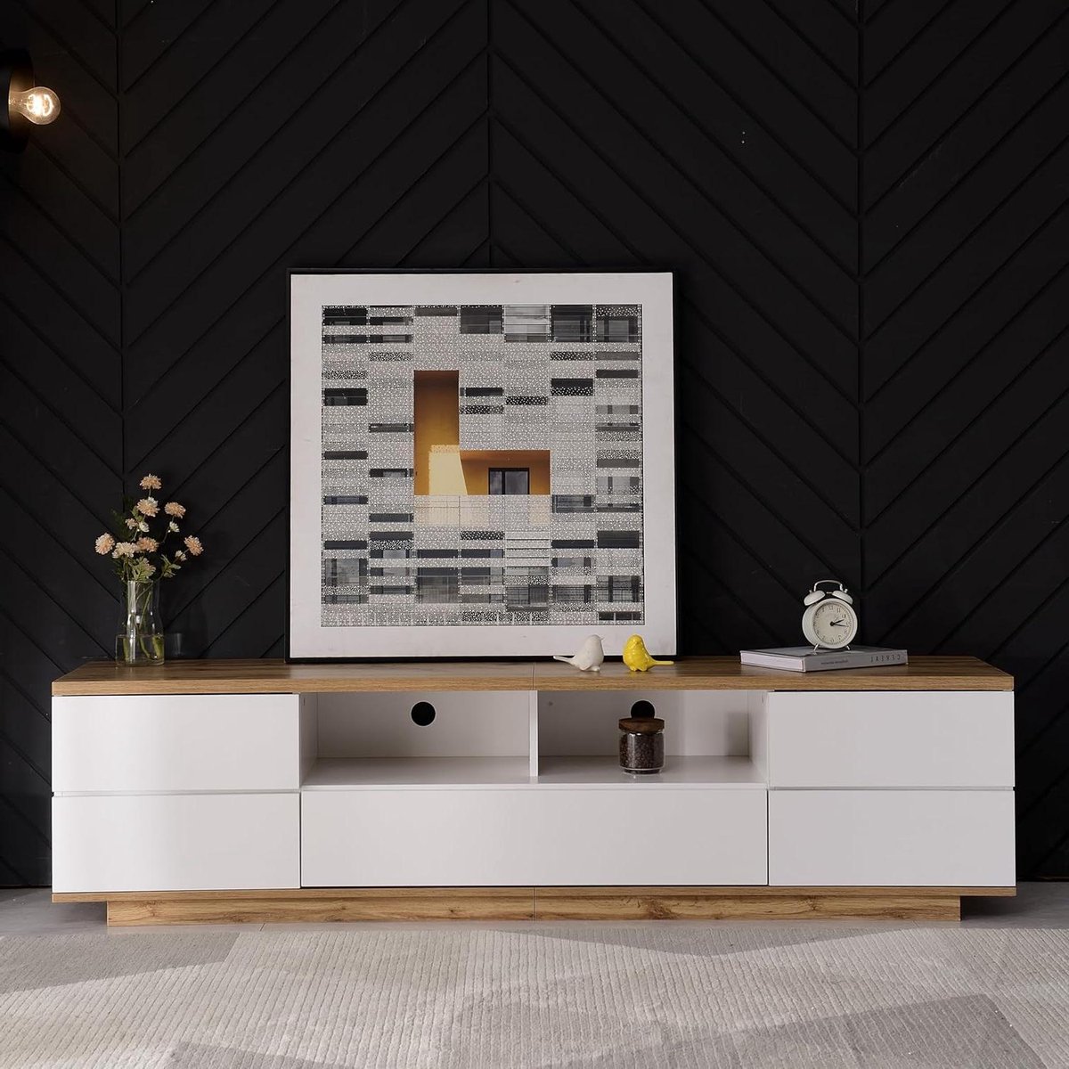 Moderne tv-kast - Tv meubel - Woonkamer opbergen - Kleurblok roosterdesign - 180 x 38 x 46 cm - Wit houtkleur