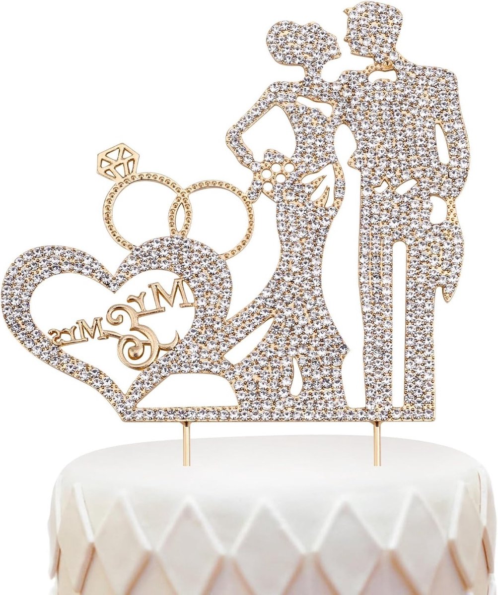 Elegante Bruid en Bruidegom Cake Topper van Zinklegering met Sprankelende Strass voor Huwelijk en Verjaardag Decoratie