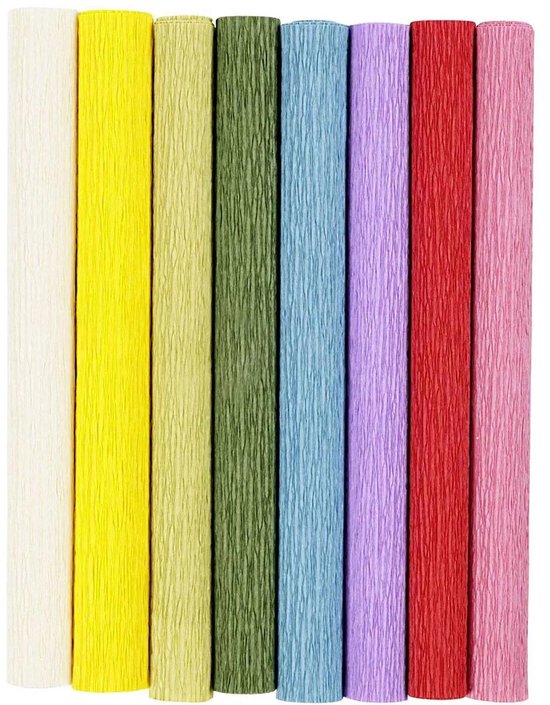 8 rollen crêpepapier in crèmekleur, geel, lichtgroen, donkergroen, lichtblauw, paars, rood en roze.