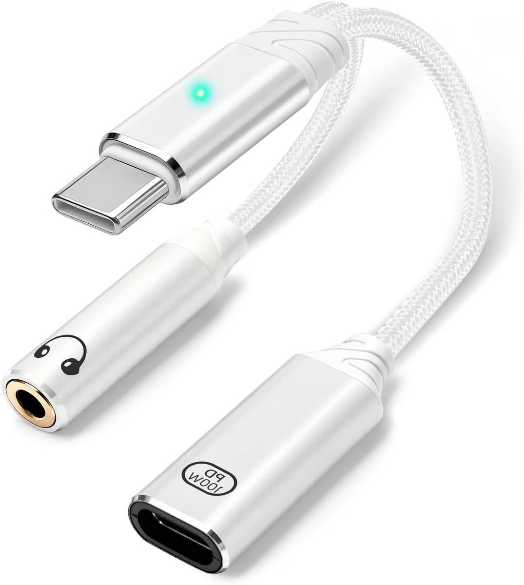 USB-C Adapter - Audio Converter - Opladen en Luisteren - 100W PD Snel Laden - 19.3 cm - Wit