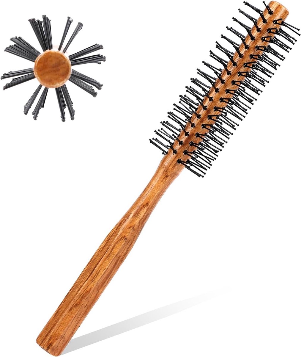 Kleine Ronde Borstel voor Föhnen, Haarstyling, Krullen en Volume met Houten Handvat en Nylon Haren