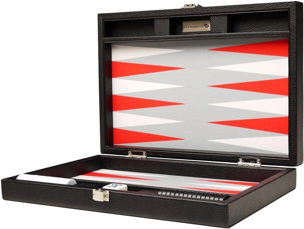 Backgammon Set - Reis Backgammon - Strategisch Spel Spelen - Kunstleren Buitenlaag - 13 inch - Zwart Rood Grijs Wit