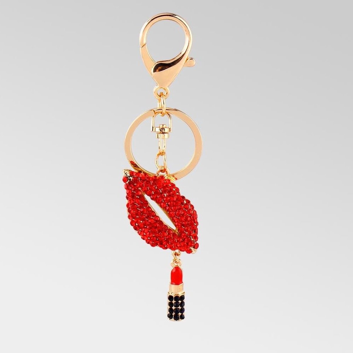 Verleidelijk Sleutelhanger met Rode Lippenstift en Kristallen, Perfecte Portemonnee Decoratie voor Vrouwen en Meisjes
