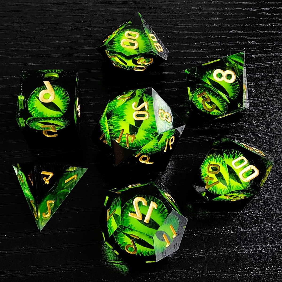 Veelvlakse Dobbelstenen - RPG Dobbelstenen - Rollenspellen Spelen - Scherpe Randen - 7 stuks - Groene Ogen