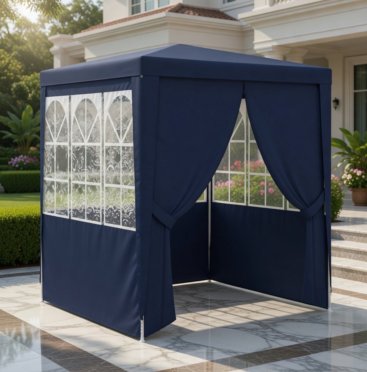 Luxe 2x2m Tuinfeest Paviljoen met Zijwanden – Blauw – Water- en UV-bestendig – MedaHomeStore