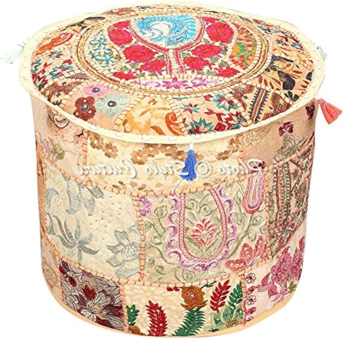 Ronde Poef Hoes - Zitkussen Vloerkussen - Woonkamer Decoratie - Handgemaakt Patchwork Ontwerp - 55x35 cm - Beige
